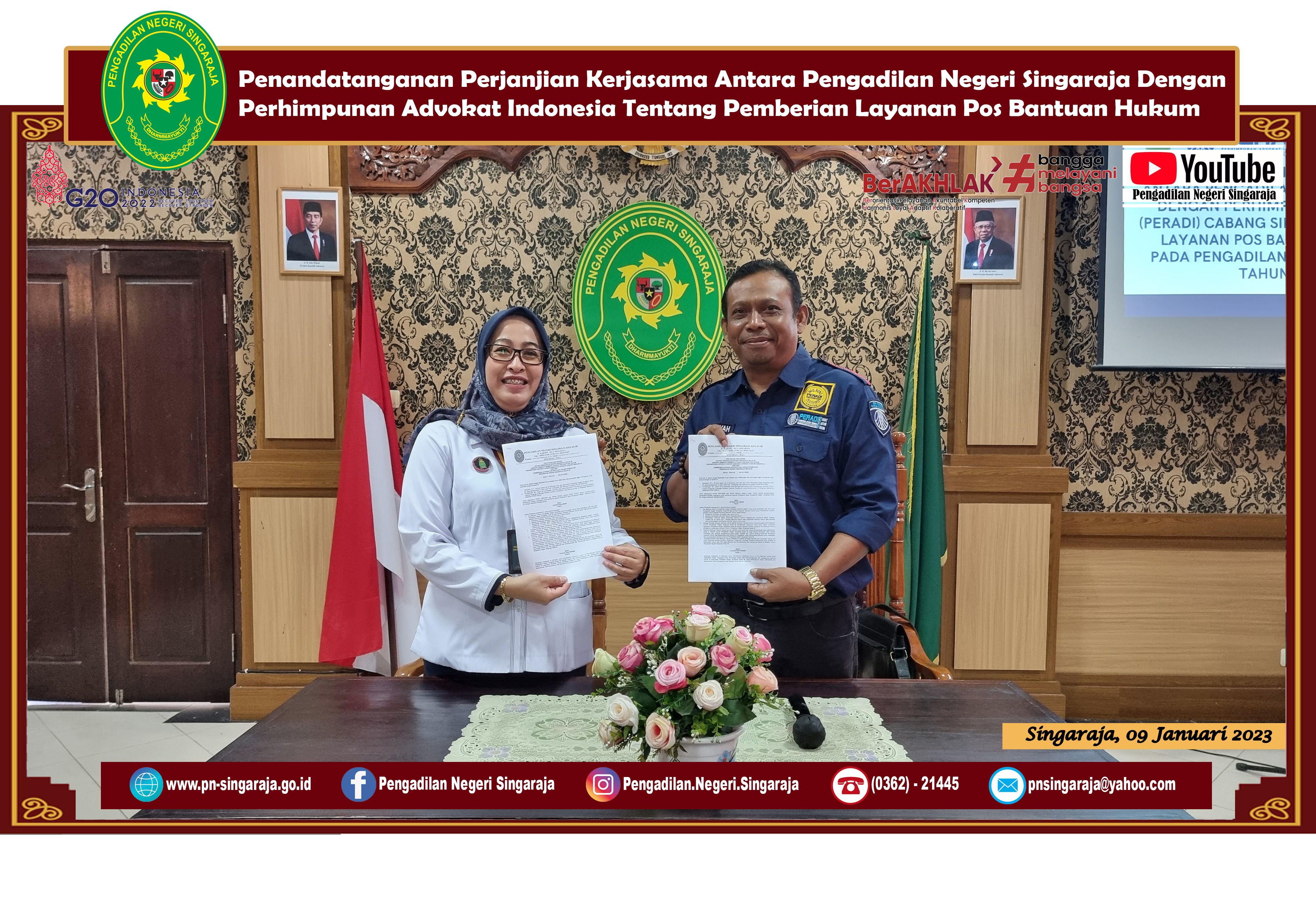 Penandatanganan Perjanjian Kerjasama Antara Pengadilan Negeri Singaraja Dengan Perhimpunan Advokat Indonesia (Peradi) Cabang Singaraja Tentang Pemberian Layanan Pos Bantuan Hukum (Posbakum) Pada Pengadilan Negeri Singaraja 